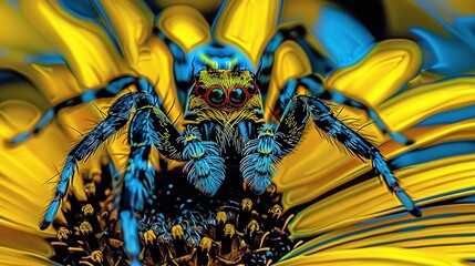Fototapeta premium Blue-yellow spider on yellow flower with black-white stripe