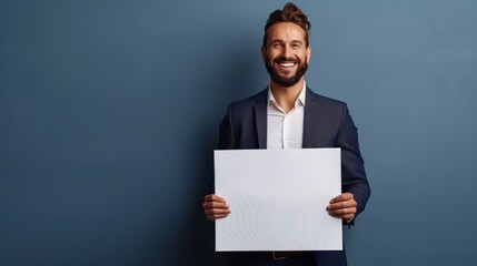 The man is holding a white paper in his hand