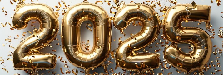 Golden Balloons Celebrating 2025 with Confetti