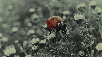 Fototapeta premium A woman bug perched on top of a blossom amidst a sea of white daisies