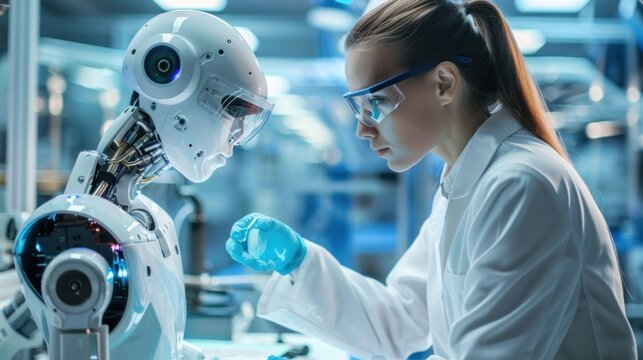Female scientist and AI robot conducting research