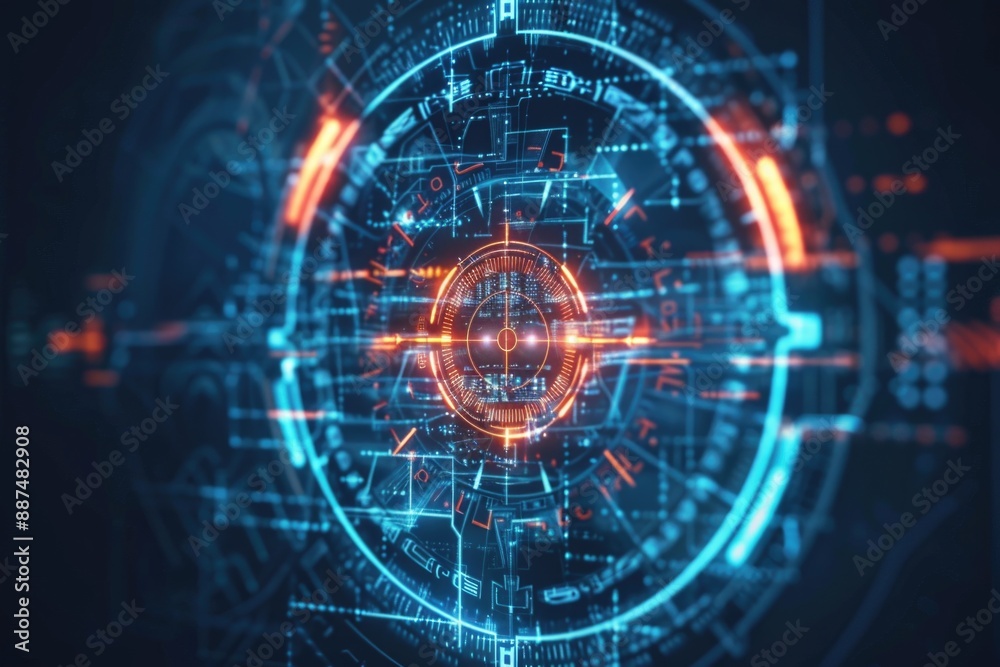 Poster A futuristic design featuring a circular shape on a blue and red background, suitable for use in technology or science related contexts