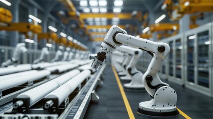 Industrial robots performing repetitive tasks with high precision with minimalist background