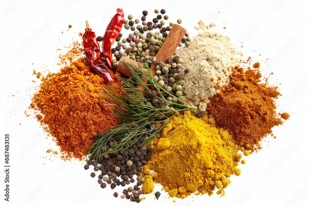 Poster a variety of spices and herbs arranged on a white surface for display or use