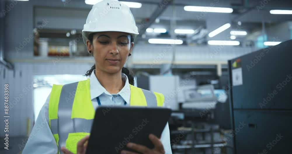 Poster hispanic female factory worker walking through a high tech manufacturing facility, overlooking opera