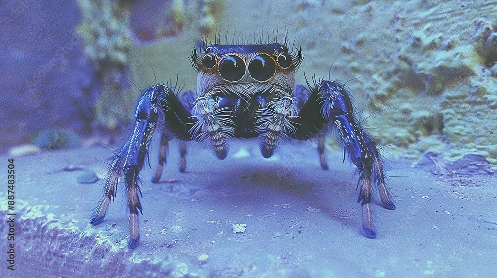 Sticker   A close-up of a blue jumping spider perched on a rock against a backdrop of a rocky wall and water-filled rocks