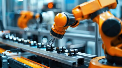 Fototapeta premium Robot arm assembling components on an industrial production line with minimalist background