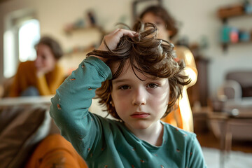 A young boy looking sad with a hand on his head, conveying emotion and childhood struggles.