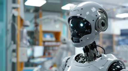 Robot doctor diagnosing patient in a clinic