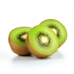Fototapeta premium Three Sliced Kiwi Fruits Displaying Bright Green Flesh On A White Background