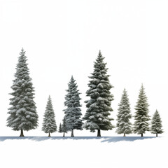 Fototapeta premium Line Of Snow-Covered Pine Trees Creating A Scenic Winter Landscape On A White Background