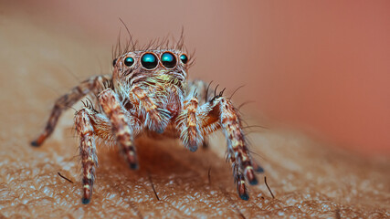 Jumping spider on human hand.
