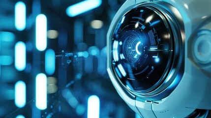 Robot eye scanning and analyzing data in a high-tech environment with minimalist background