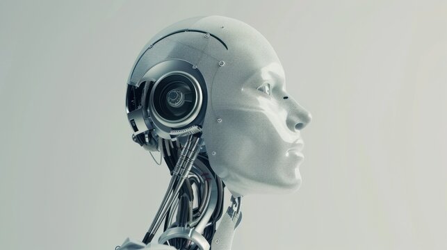 Robot head showcasing artificial intelligence capabilities with minimalist background