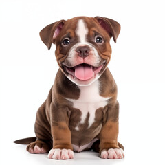 Obraz premium Happy Brown And White Puppy Sitting With Tongue Out Isolated On White Background Showing Cute Pet