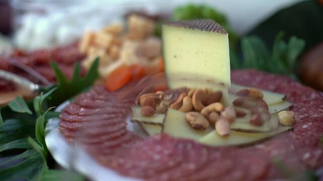 mesa de queso, fiambres y frutas en una boda