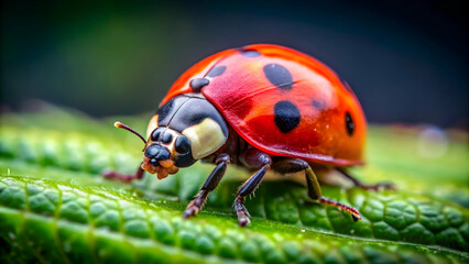 Obraz premium Close-up photo of a red ladybug with black spots Ladybug perched on a green leaf Small red beetle with black spots Beneficial insect in a garden setting
