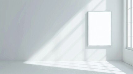 Fototapeta premium A bright room boasts white walls, a window, and a shadow cast by sunlight streaming in