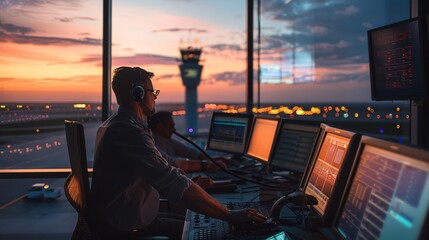 Air Traffic Controllers in Action at the Airport Tower