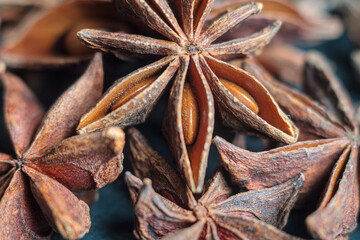 Close-up of star anise, showing their texture and detail