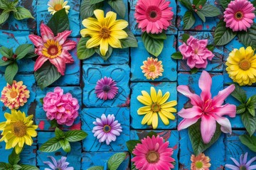 Colorful arrangement of spring flowers on a bright blue background celebrating the vibrancy of the season