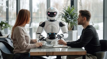 Robots collaborating with humans in an office environment with minimalist background