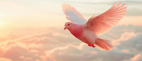 Obraz premium Pink & white bird soaring, wings stretched, sun in backdrop