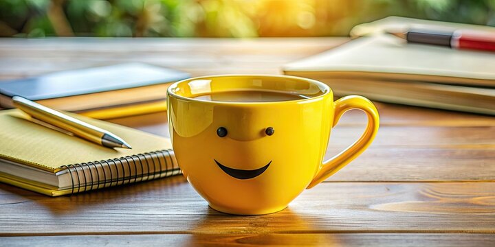 A bright yellow coffee cup with a cheerful smiling face design sits on a wooden desk surrounded by notebooks and pens, radiating morning motivation.