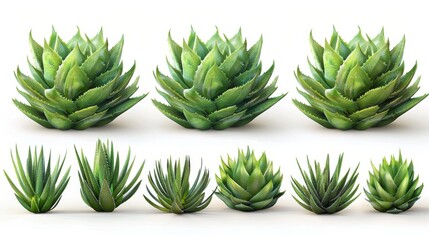 Fototapeta premium Realistic photo of Green Aloe vera vegetable plant, many angles and view side top front cluster pile group isolated on white transparent background cutout,Mockup template for artwork graphic design 