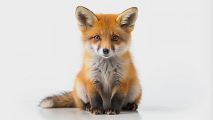 Fototapeta premium Adorable wild red fox cub with fluffy orange fur and big curious eyes sitting on a pure white background, displaying its innocent and playful nature.