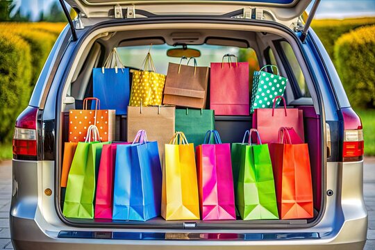 Vibrant shopping bags overflow from a car trunk, perfectly stacked and arranged, revealing a successful retail therapy session with a splash of color and organization.