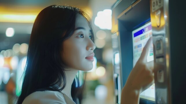 Asian woman using touchscreen ATM keypad to enter PIN for business financial ideas