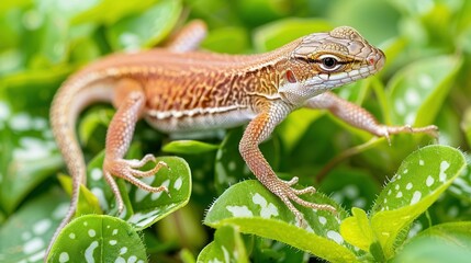 Naklejka premium A sharp image of a tiny lizard resting on a leaf-covered plant with vivid green foliage in the foreground and a slightly blurred background
