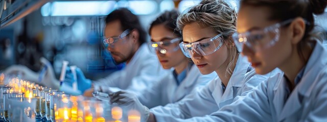 team of researchers is working in laboratory with test tubes on blue background. medicine of the future. concept of research by scientists. banner
