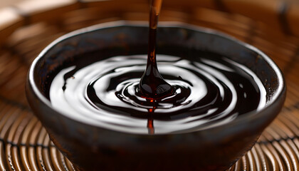 Soy sauce drop falling into bowl on wicker mat, closeup