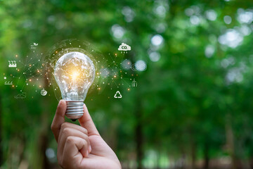 Hand human holding electricity light lamp, Carbon neutral and net zero concept for net zero...