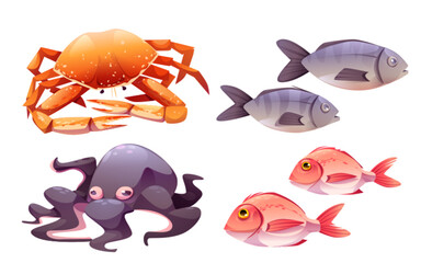 Naklejka premium Ocean seafood and fish for restaurant illustration. Fresh crab and octopus variety underwater element set. Marine gourmet cooking design for market. Healthy nutrition for dinner graphic collection