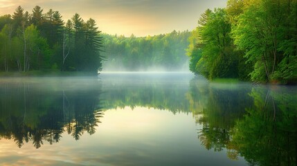   A lake nestled in the heart of a dense forest, shrouded in misty gloom