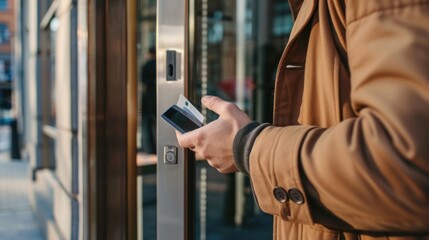 Man unlocking the door by entering code and swiping key card