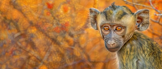   A monkey's close-up in front of an orange-eyed tree amidst blurred leaves