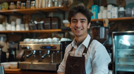 Fototapeta premium Friendly Male Barista in Cafe Uniform Smiling Warmly at the Camera with Coffee Machine and Cups Highlighting Culinary Expertise and Cozy Cafe Atmosphere