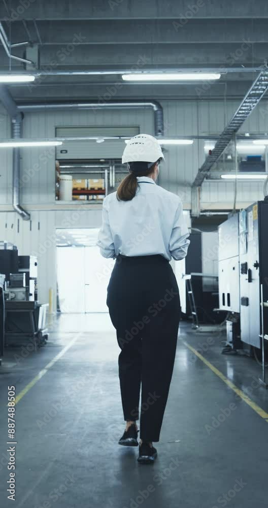 Leinwandbilder vertical screen: female worker walks through a manufacturing facility, inspecting machinery and ensu