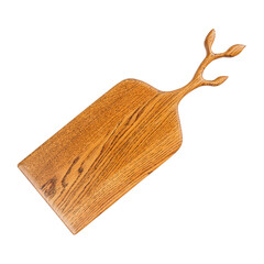 Wooden cutting board for serving, close-up. Natural wood texture and smooth surface emphasize the quality and style