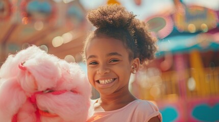 Little girl with curly hair smiling, holding pink cotton candy at a fun fair on a sunny day.