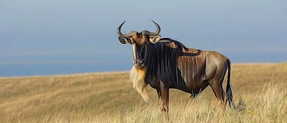   A wildebeest stands in a field of dry grass with curled horns, gazing at the camera