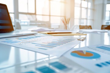 Detailed financial documents and charts spread out on a consultantâ€™s desk, highlighting thorough analysis and planning. The image offers a clear focus with space for text or graphics.