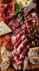 2 Italian charcuterie board with cured meats and cheeses bird's-eye view
