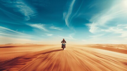 Lone person riding motorcycle across vast desert under blue sky, empty landscape with horizon in the distance, sense of freedom and adventure.