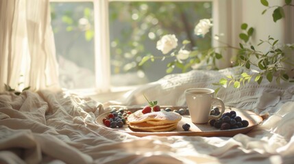 Sunny morning breakfast in bed with pancakes and berries near a window. Enjoy a relaxed start to the day.