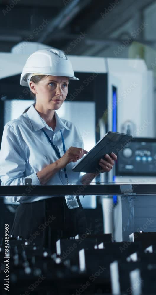 Fototapete vertical screen: manufacturing technician working on a tablet computer at a factory space. caucasian